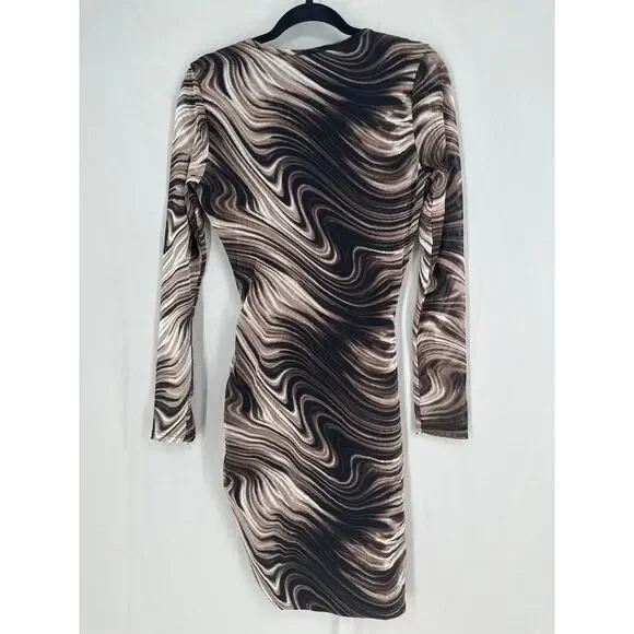 Windsor Dress Womens Medium Brown Mini Marble Print Stretch Mesh Sleeves Party - Picture 3 of 8